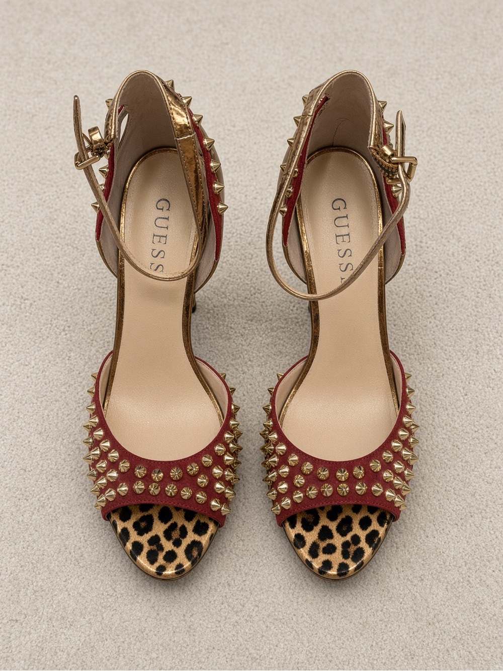 GUESS Red and Leopard-Accent Studded Ankle-Strap Heels